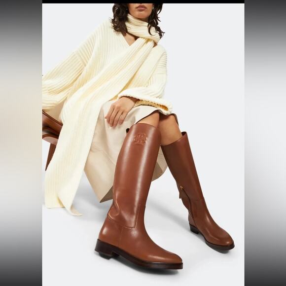 Tory Burch LOGO-EMBOSSED TALL LEATHER BOOTS - Picture 2 of 14